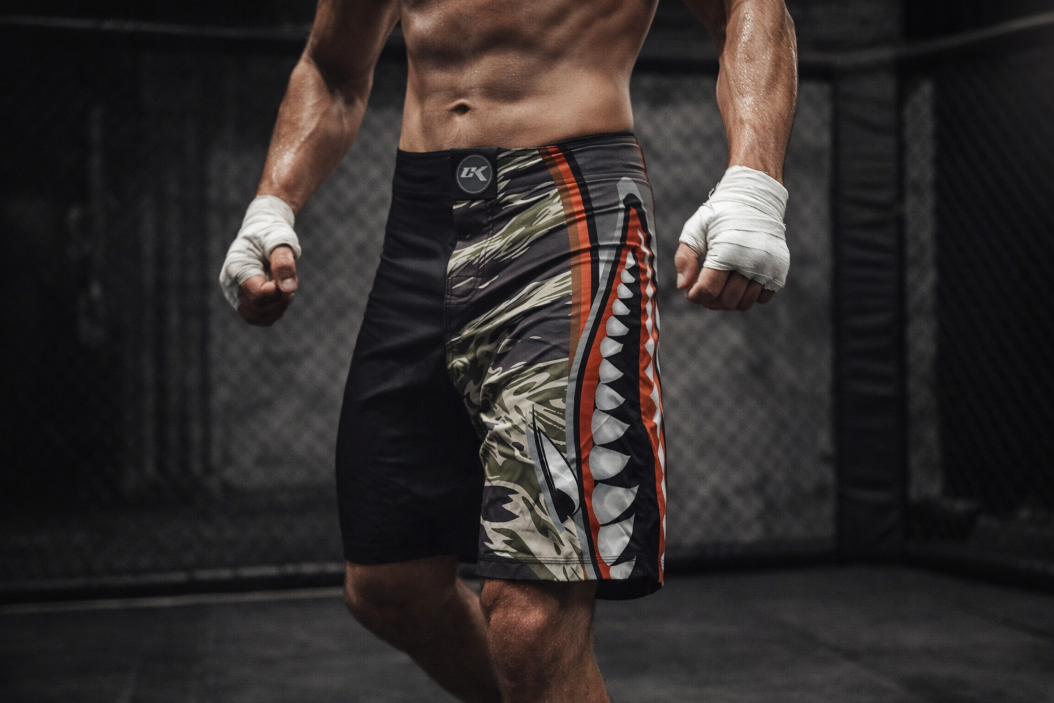 MMA fighter with shark shorts